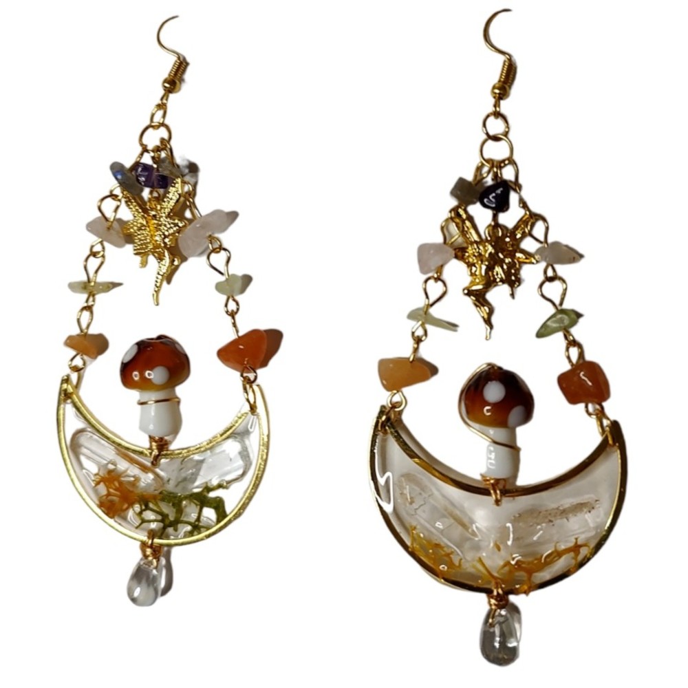 Mushroom Fairy Earrings Gemstone Statement Cottagecore Nature Boho Healing NEW